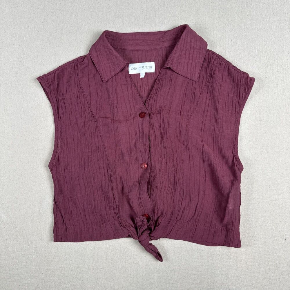 ZARA Girls Top Size 11-12 152 Maroon Crinkle Gauze Front Tie Crop Shirt Blouse